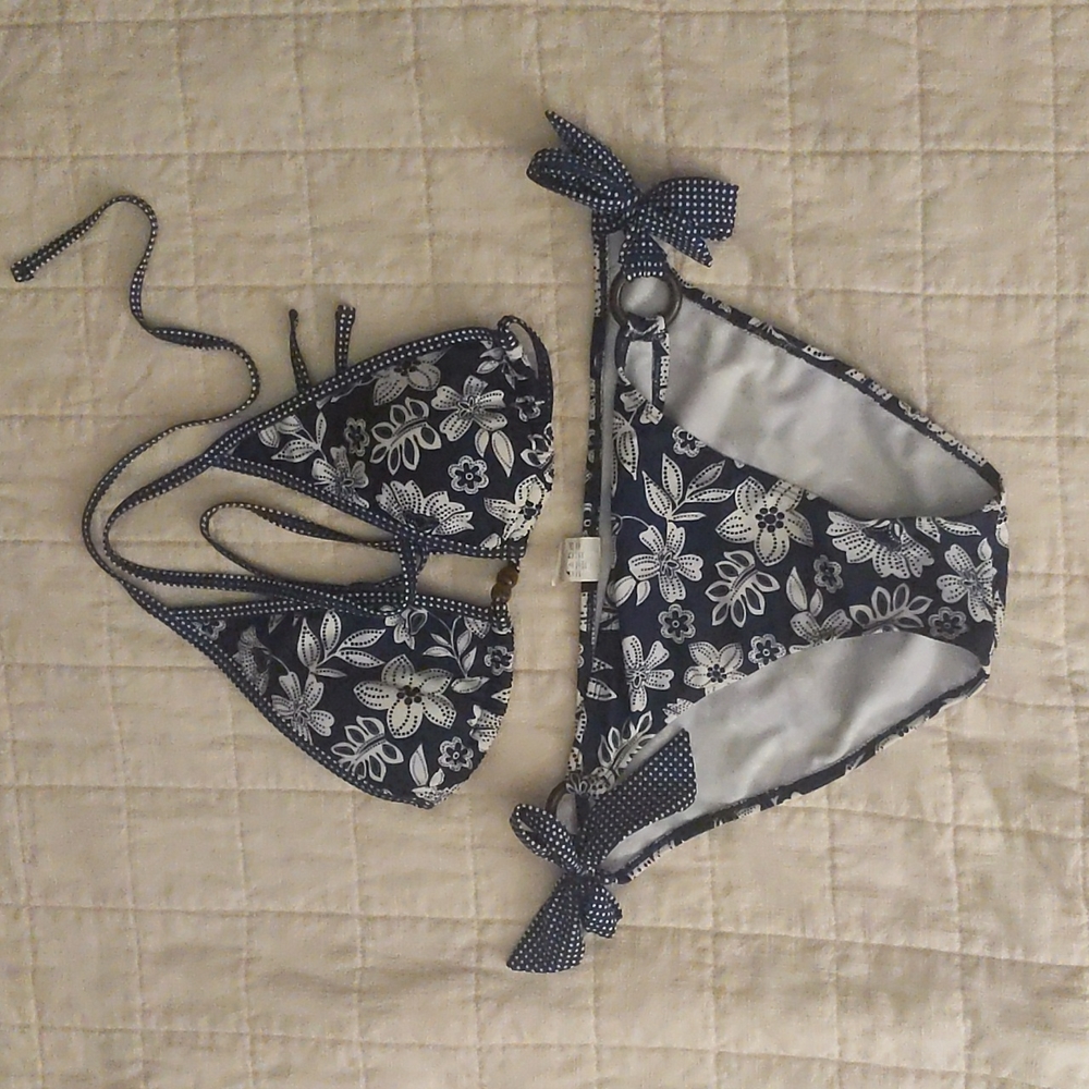 Navy blue and white floral two-piece